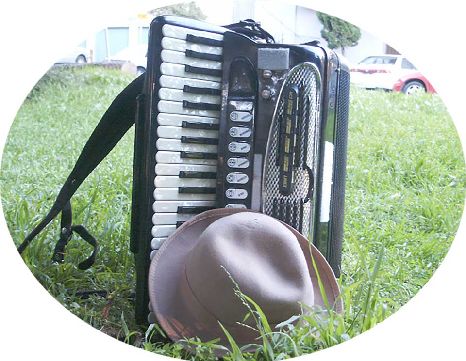Accordion on lawn with hat